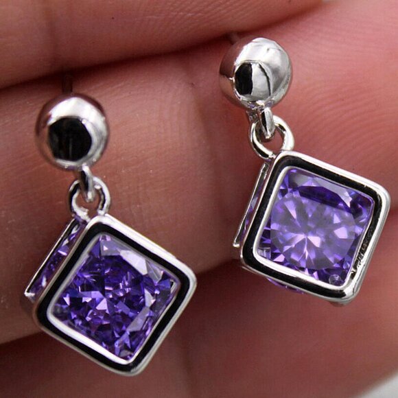 Jewelry - 18K White Gold Filled Bezel Square Purple Diamond Zircon Dangle Stud Earrings